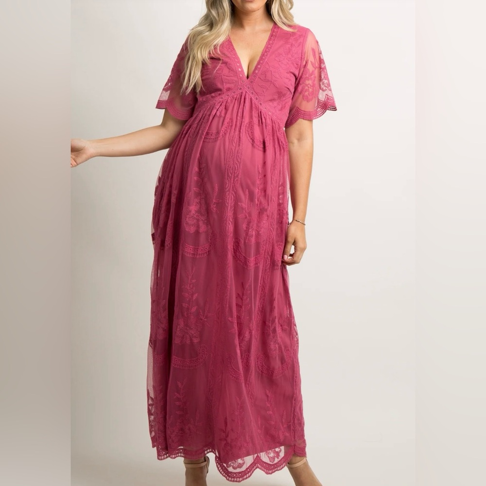Pinkblush Magenta Lace Mesh Overlay Maternity Maxi Dress